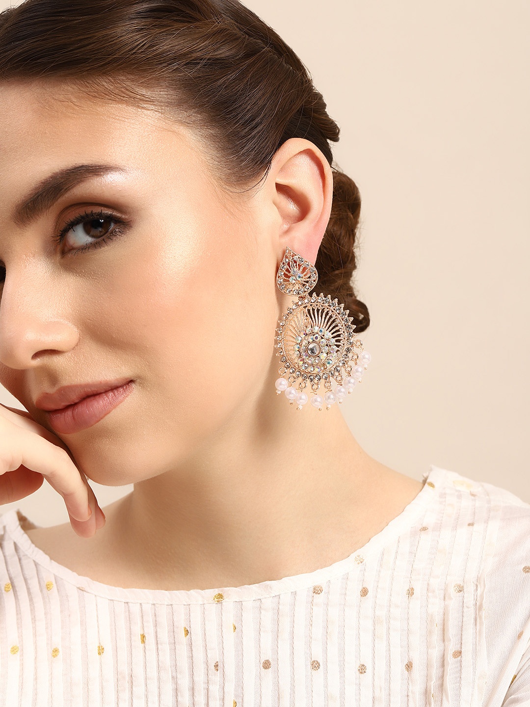 

House of Pataudi Gold-Plated Stones-Studded Teardrop Shaped Drop Earrings