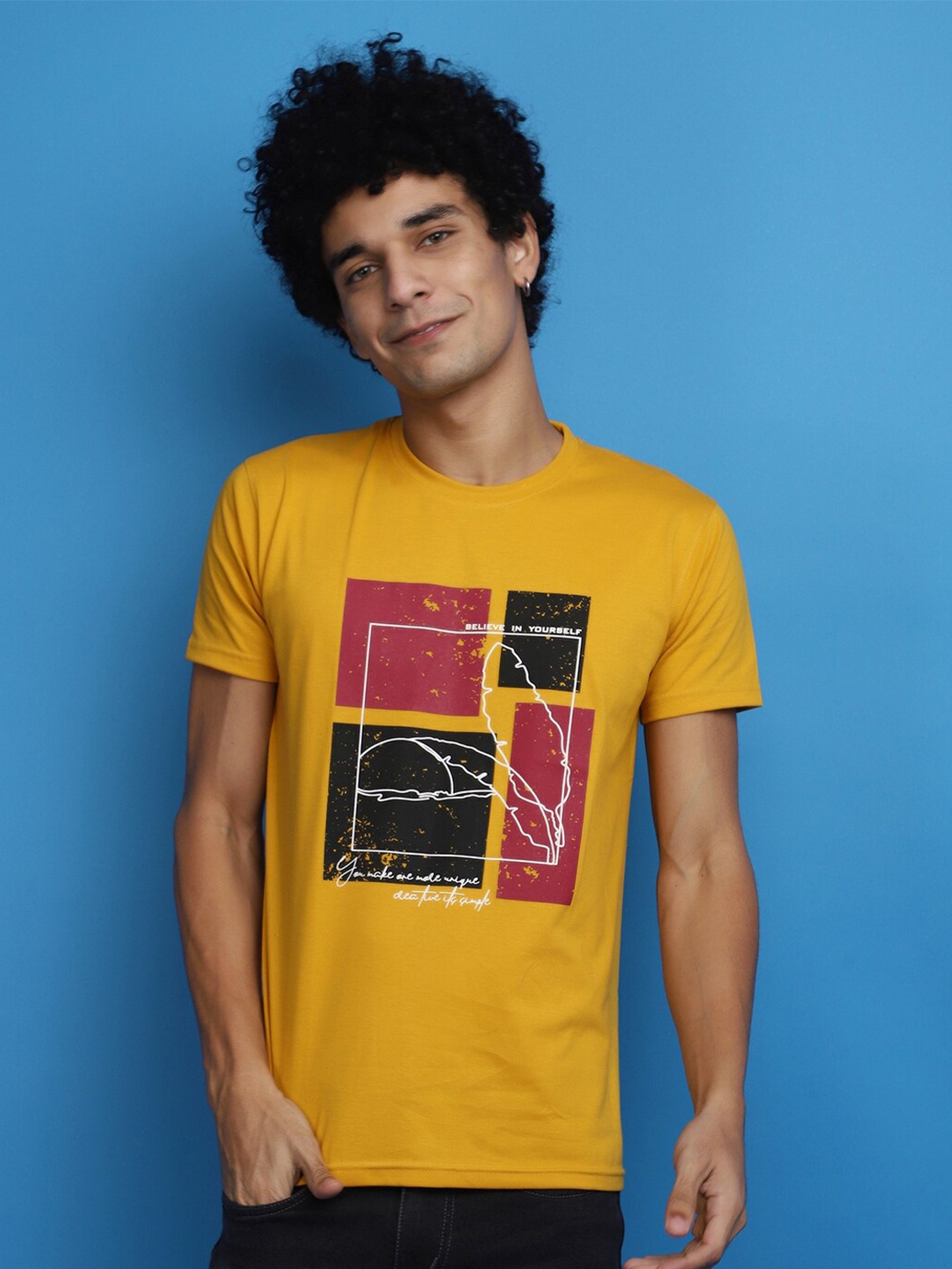 

V-Mart Graphic Printed Cotton Slim Fit T-shirt, Yellow