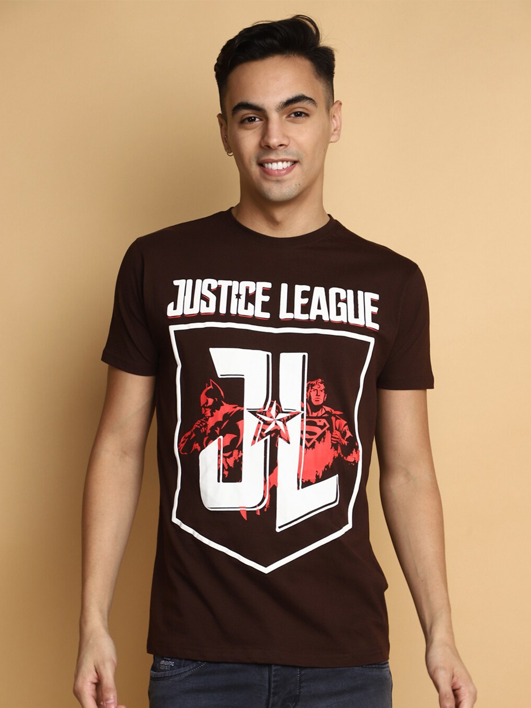 

V-Mart Justice League Graphic Printed Cotton T-shirt, Brown
