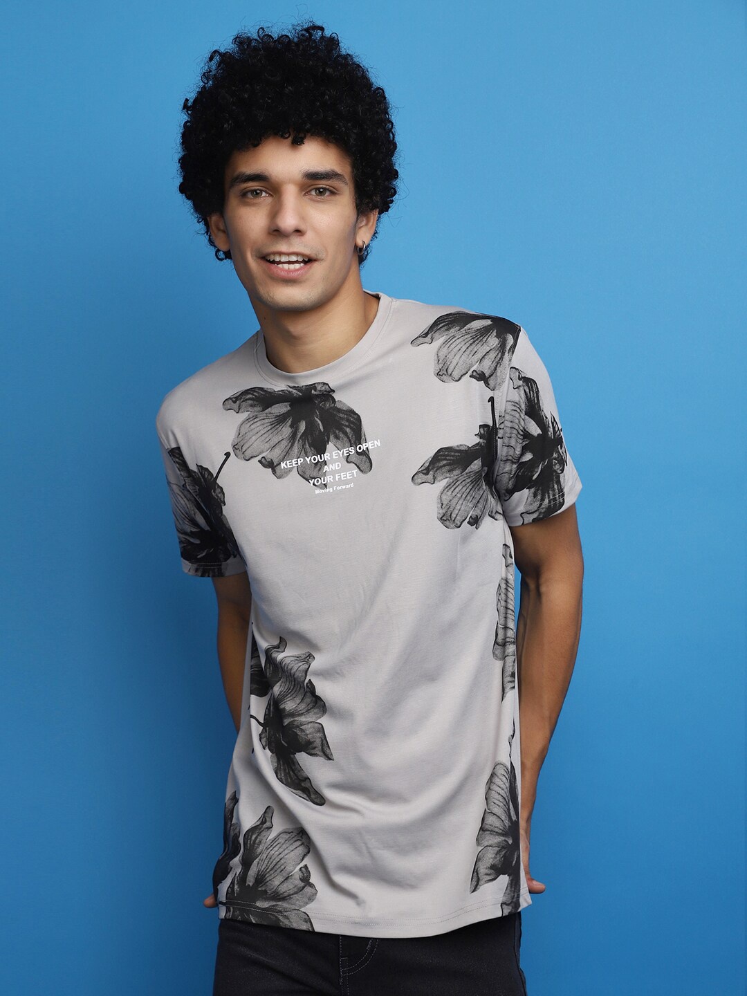 

V-Mart Floral Printed Cotton T-shirt, Grey