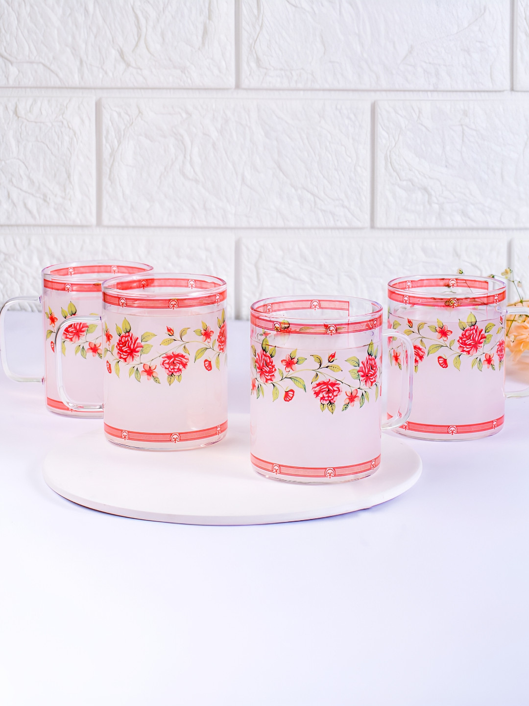 

Strokes by Namrata Mehta Red 4 Pieces Floral Printed Glass Transparent Mug 220 ml