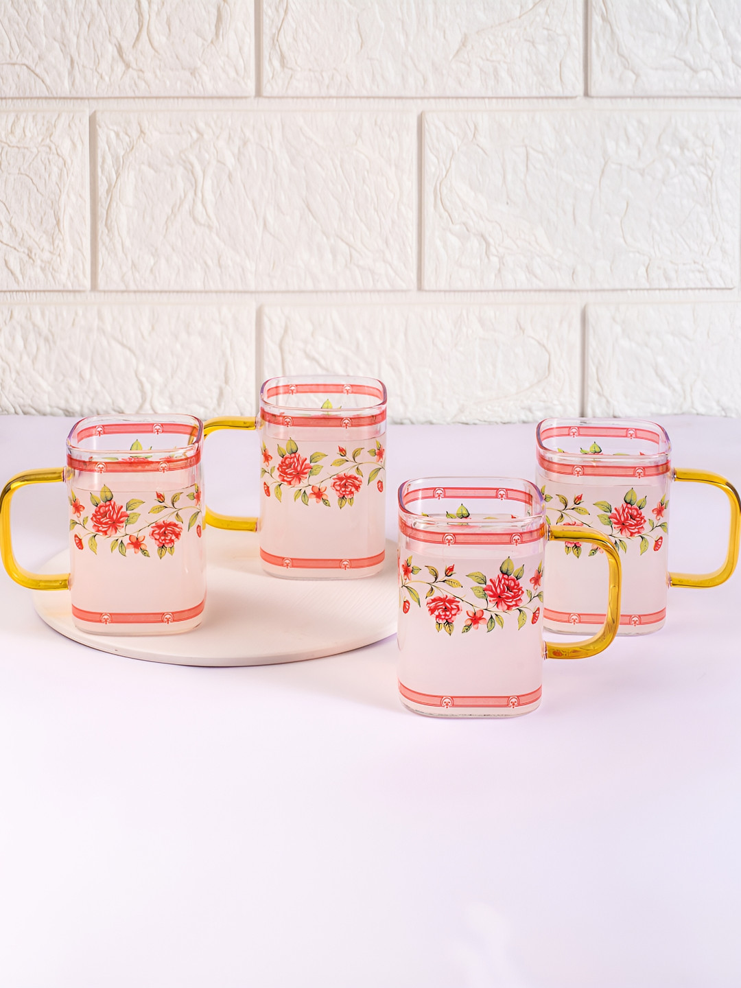 

Strokes by Namrata Mehta Red & Transparent 4 Pieces Floral Printed Square Glass Cups