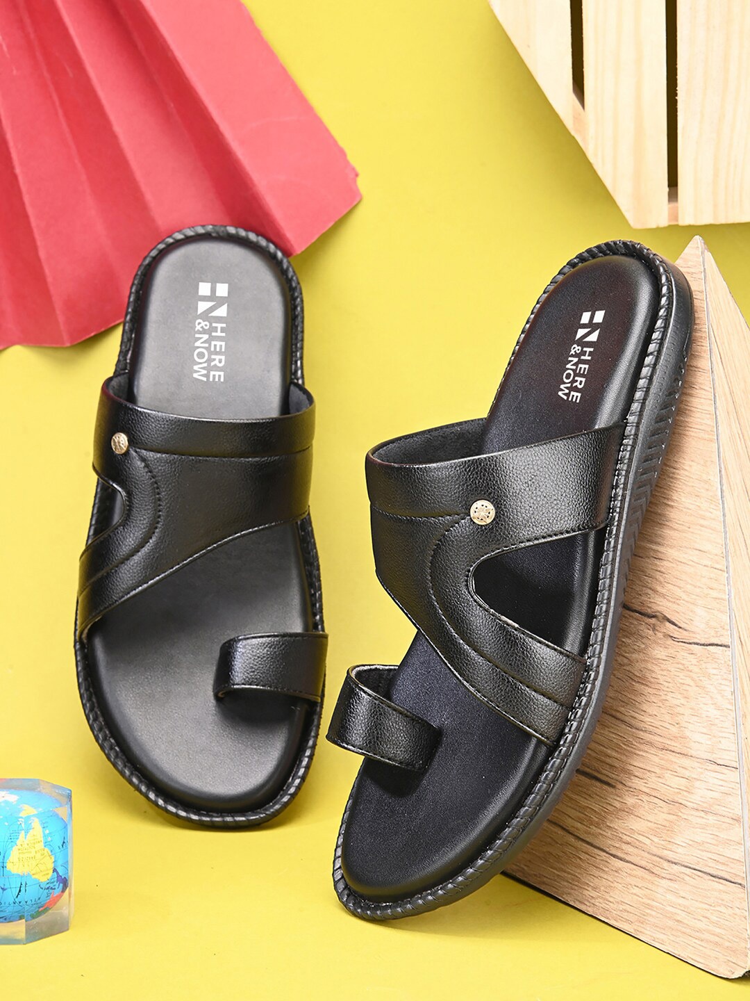 

HERE&NOW Men Black Open Toe Comfort Sandals