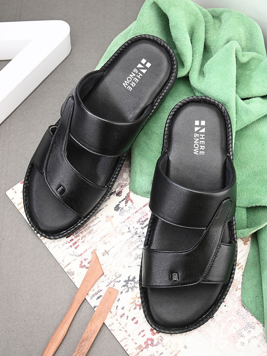 

HERE&NOW Men Black Open Toe Comfort Sandals