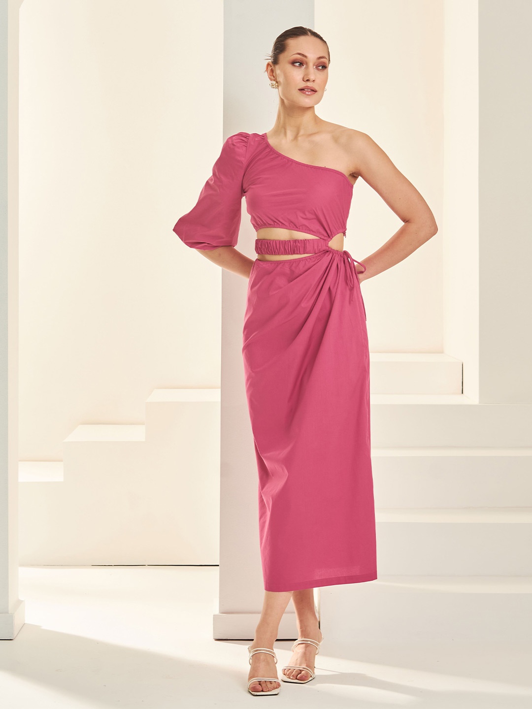 

By The Bay One Shoulder Puff Sleeves Gathered Cut-Out Detail Pure Cotton Midi Sheath Dress, Pink