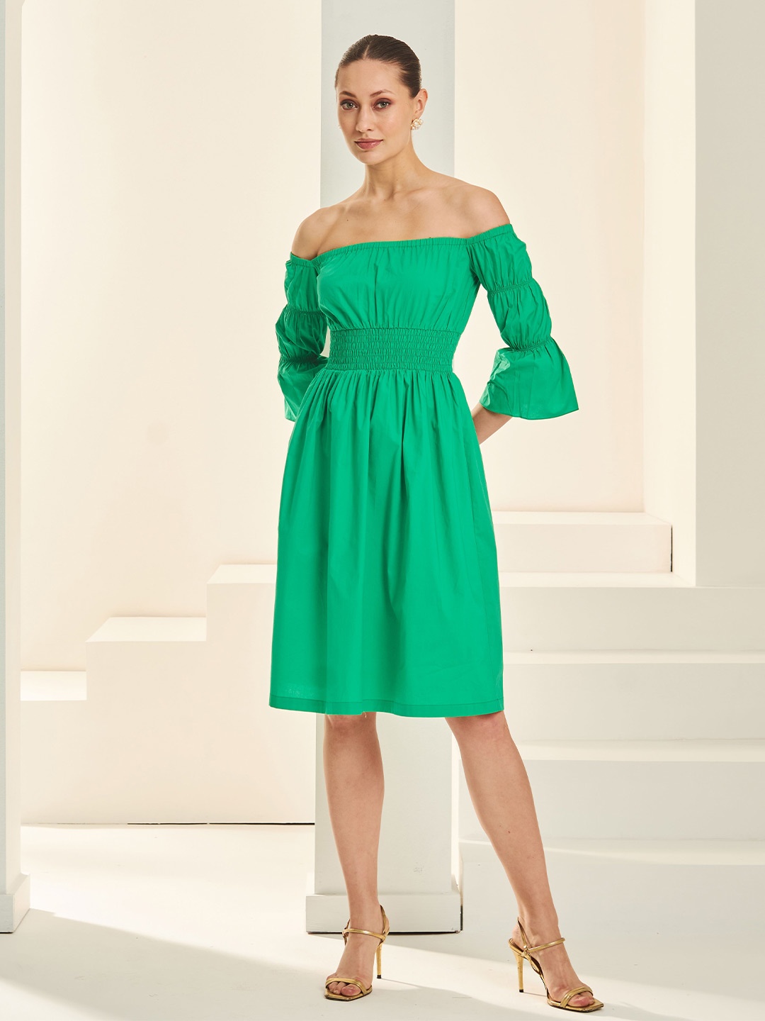 

By The Bay Purple Smocked Off-Shoulder Fit and Flare Pure Cotton Dress, Green