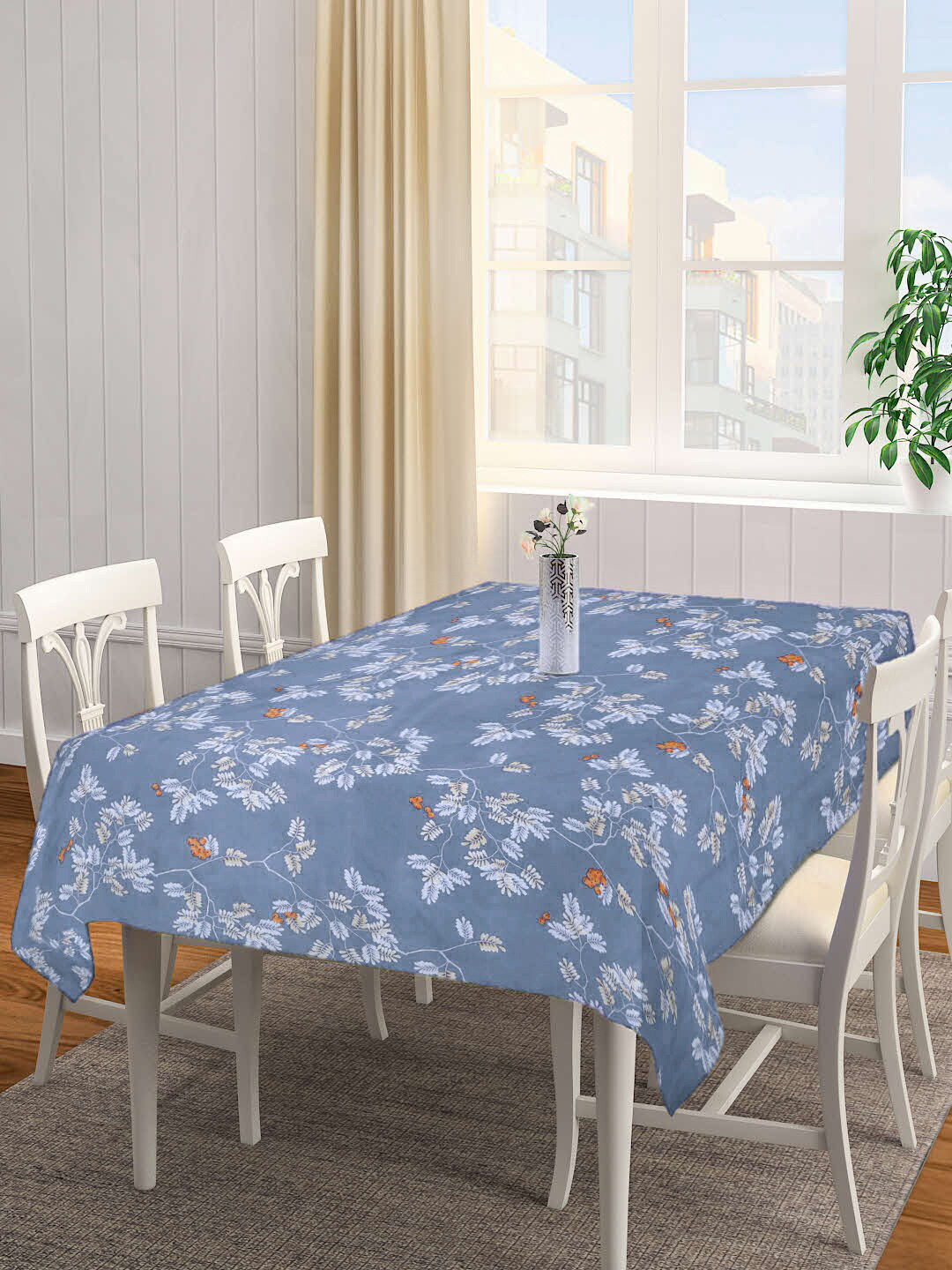

FABINALIV Blue Floral Printed Anti-Slip Rectangular 6 Seater Table Cover