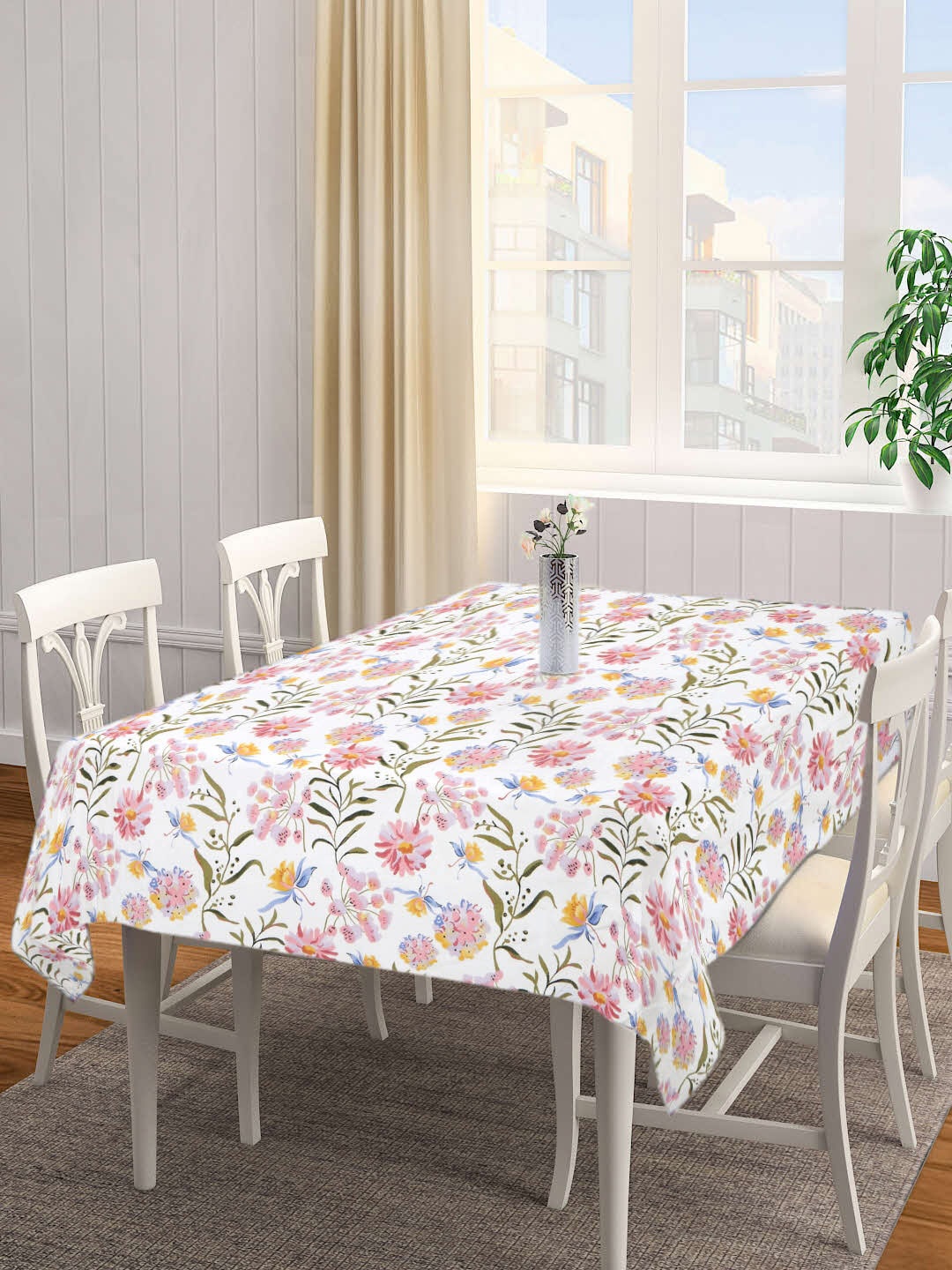 

FABINALIV White & Pink Floral Printed Anti-Slip Rectangular 6 Seater Table Cover