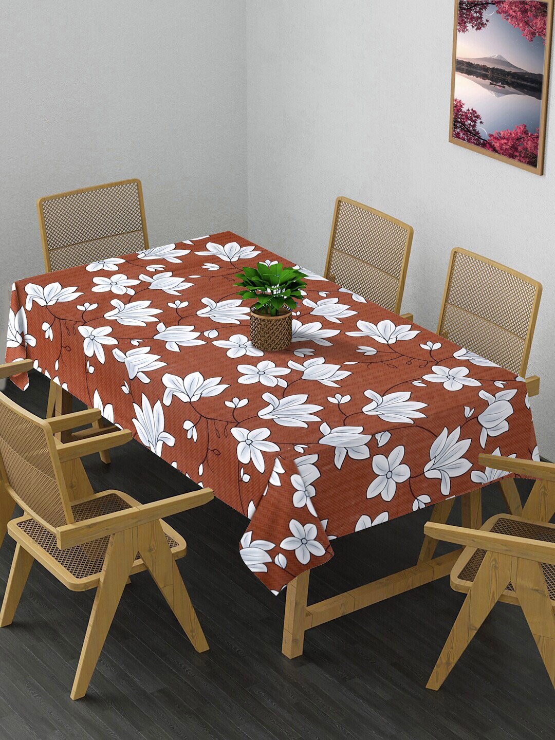 

FABINALIV Rust & White Floral Printed Cotton 6 Seater Table Cover (1.82 m x 1.32 m)