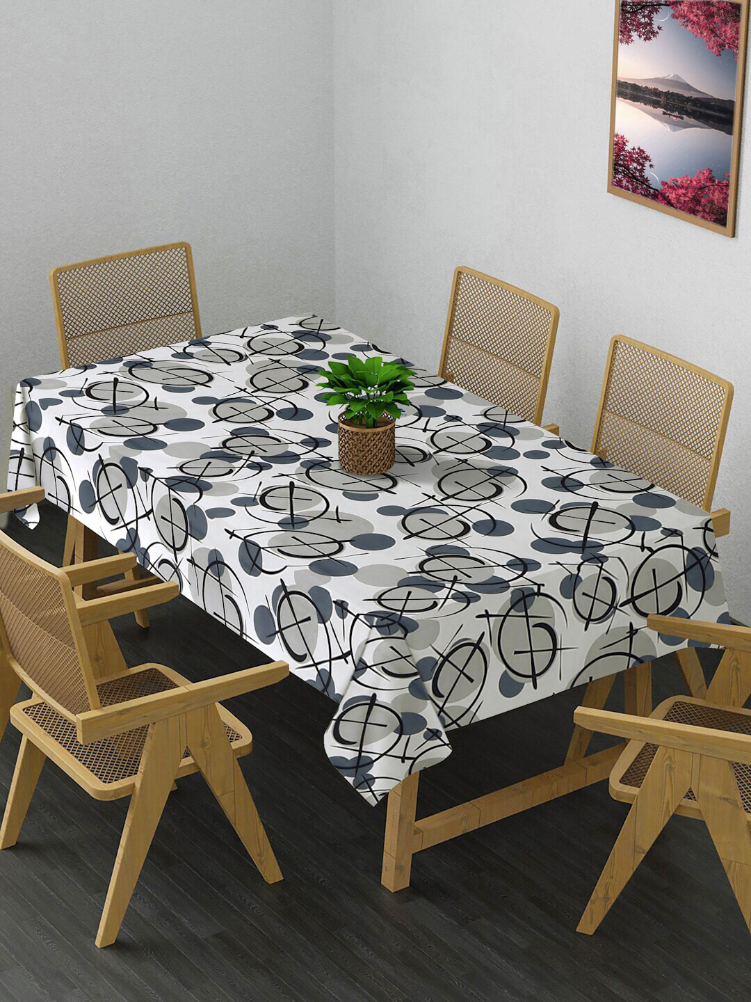 

FABINALIV White & Grey Printed Anti-Slip Rectangular 6 Seater Table Cover