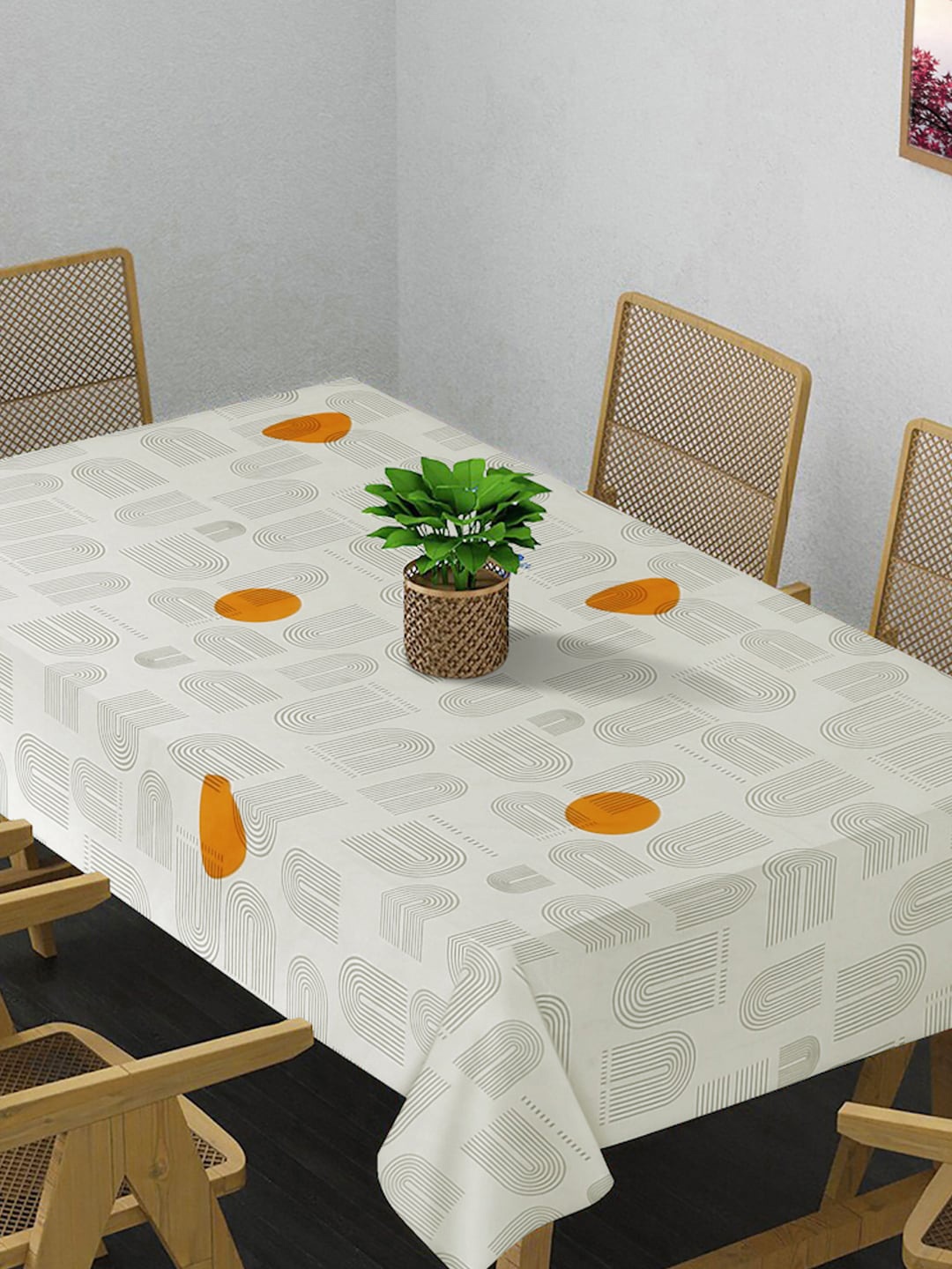 

FABINALIV Beige & Orange Abstract Printed Anti Slip Rectangular 6 Seater Table Cover