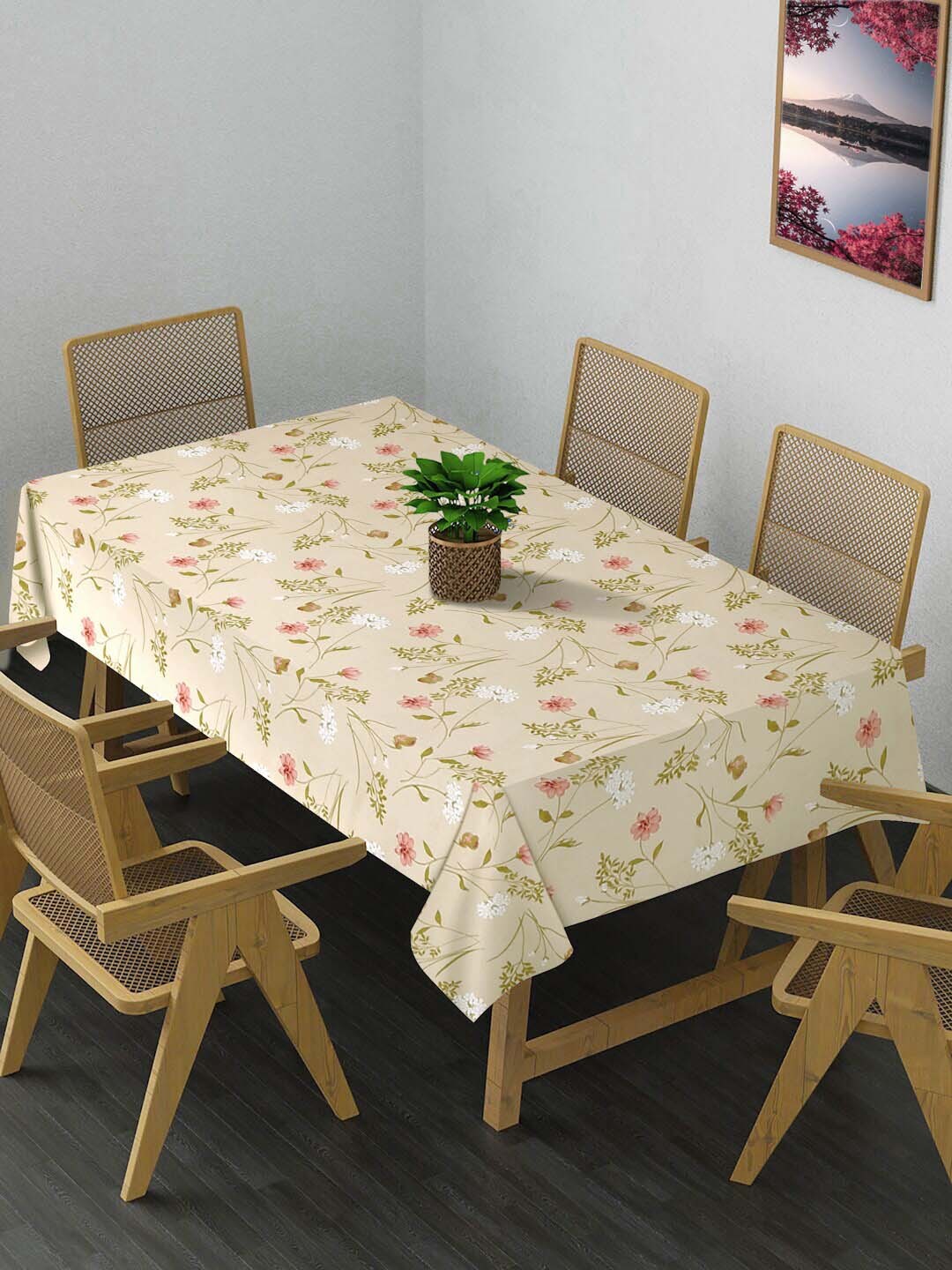 

FABINALIV Beige & Pink Floral Anti Slip Rectangular Cotton 6 Seater Table Cover