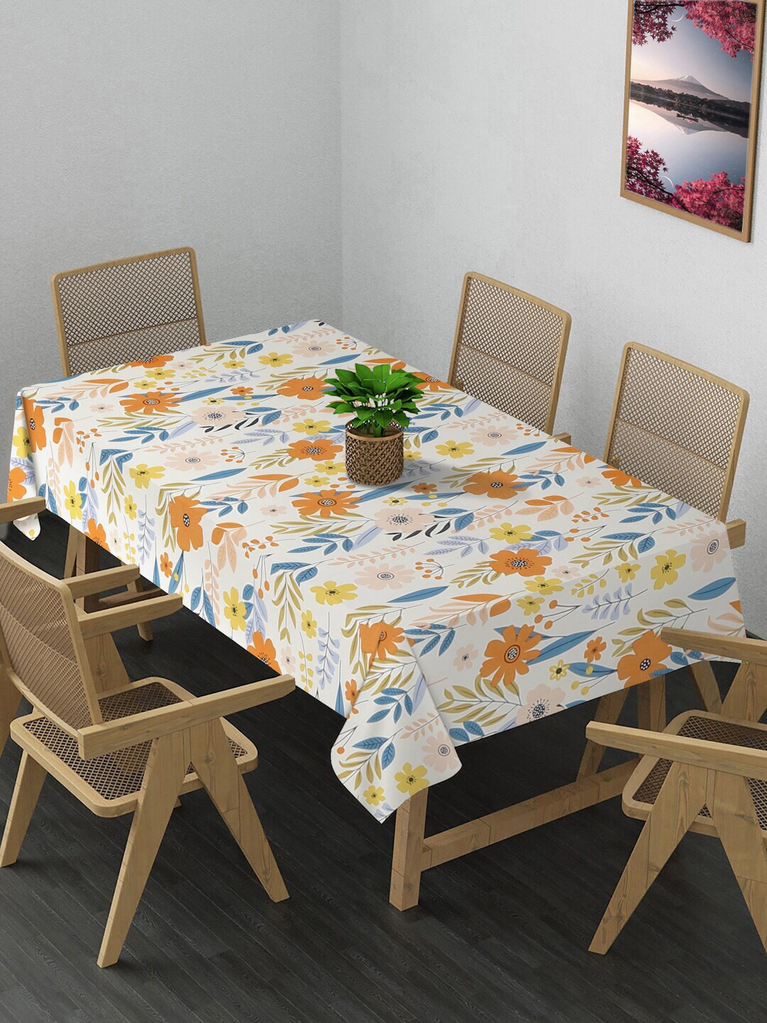 

FABINALIV Yellow & Blue Floral Printed Anti-Slip Rectangular 6 Seater Table Cover
