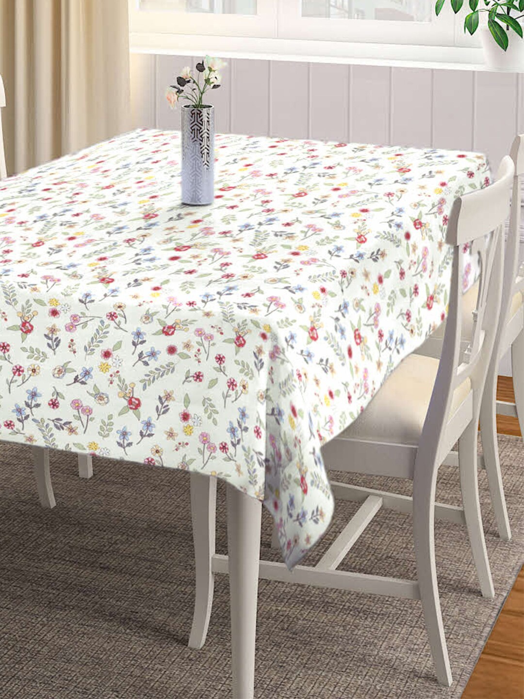 

FABINALIV White & Green Floral Printed Anti-Slip Rectangular 6 Seater Table Cover