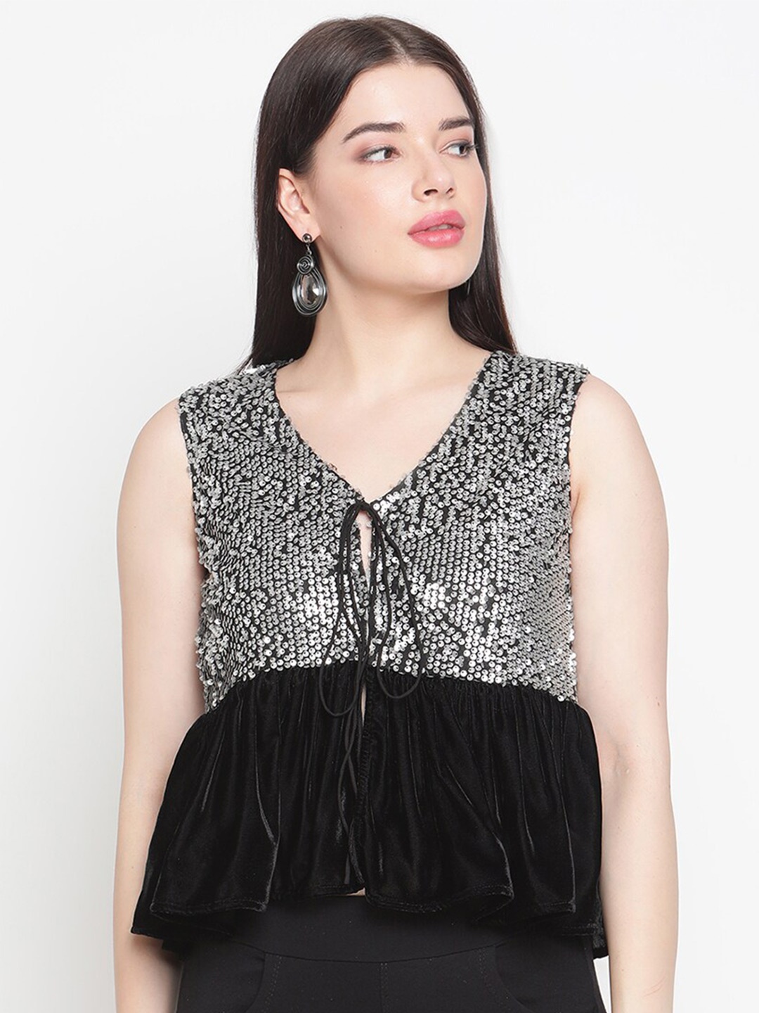 

Amagyaa Self Design Embellished Tie-Up Shrug, Black