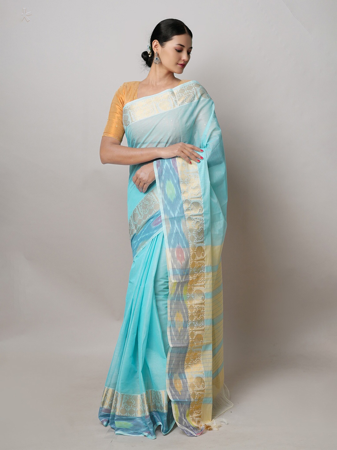 

Unnati Silks Ethnic Motifs Woven Design Pure Cotton Narayan Peth Saree, Blue