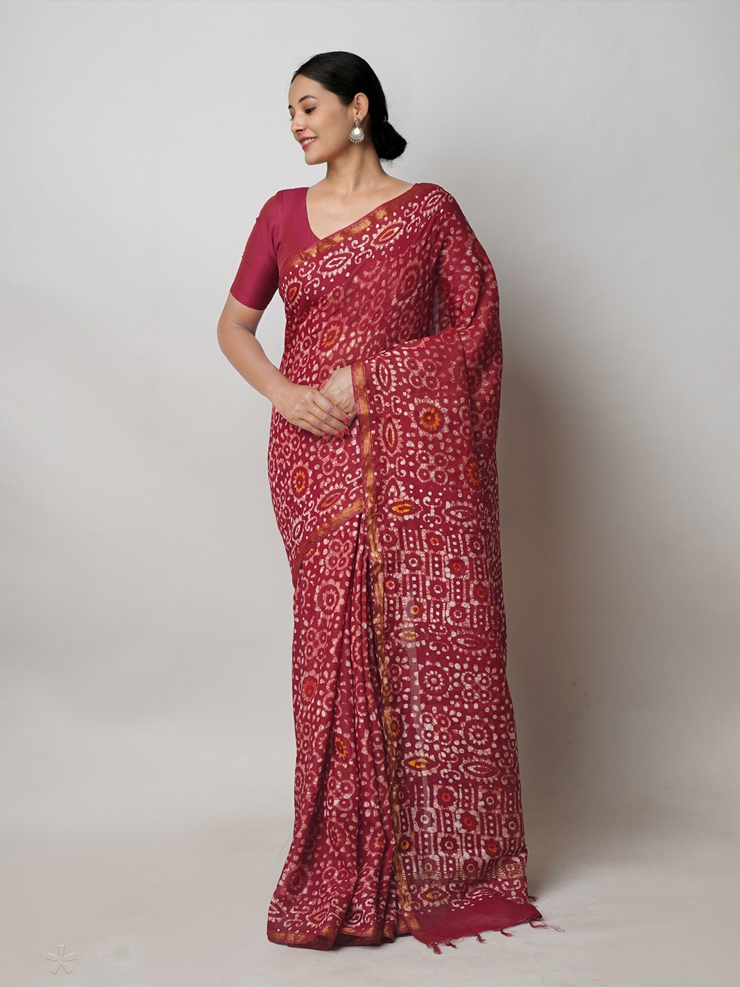 

Unnati Silks Ethnic Motifs Printed Zari Silk Cotton Chanderi Saree, Maroon