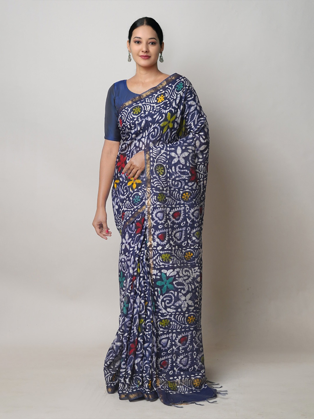 

Unnati Silks Ethnic Motifs Printed Zari Chanderi Saree, Navy blue