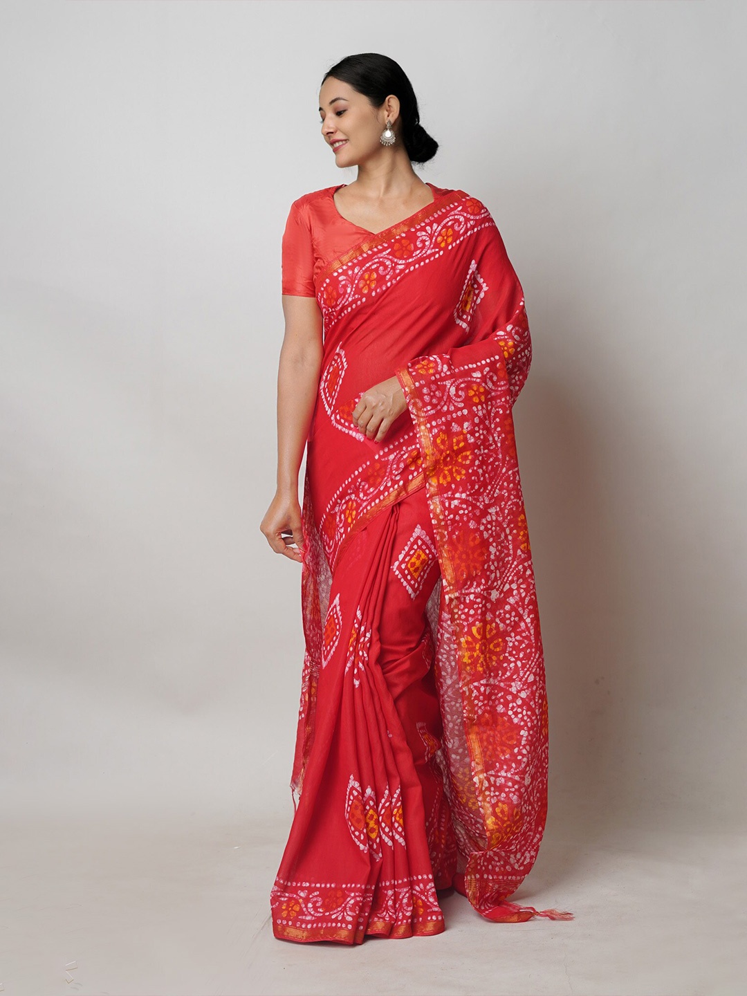 

Unnati Silks Batik Printed Silk Cotton Chanderi Saree, Red