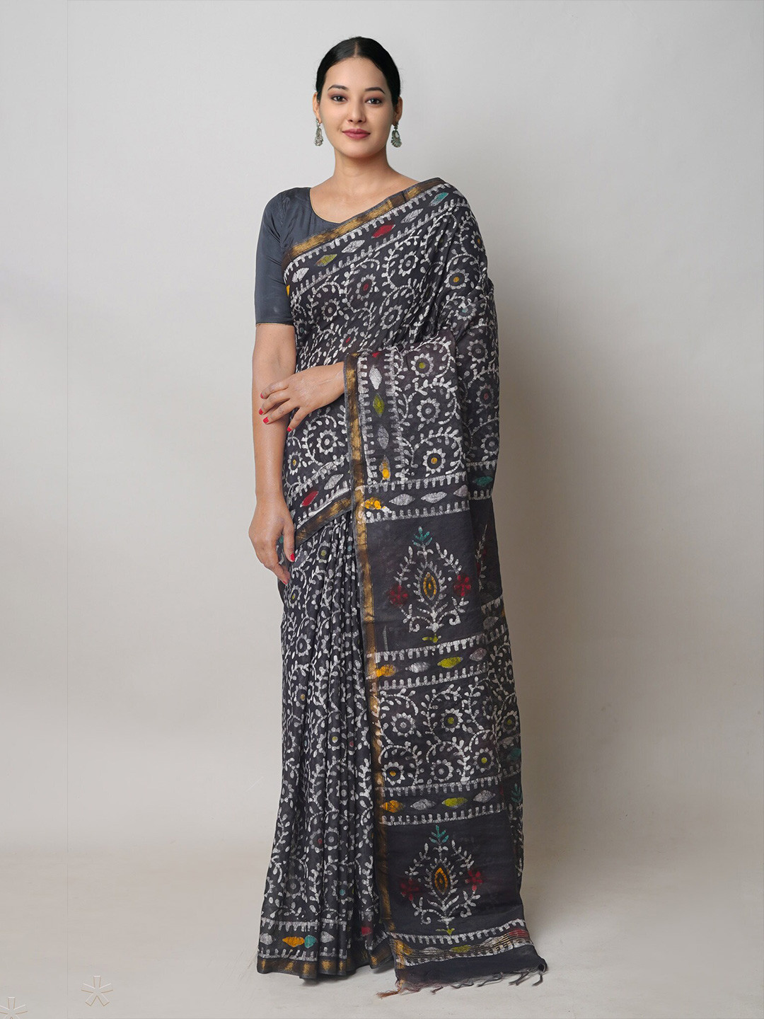 

Unnati Silks Ethnic Motifs Printed Silk Cotton Chanderi Saree, Black