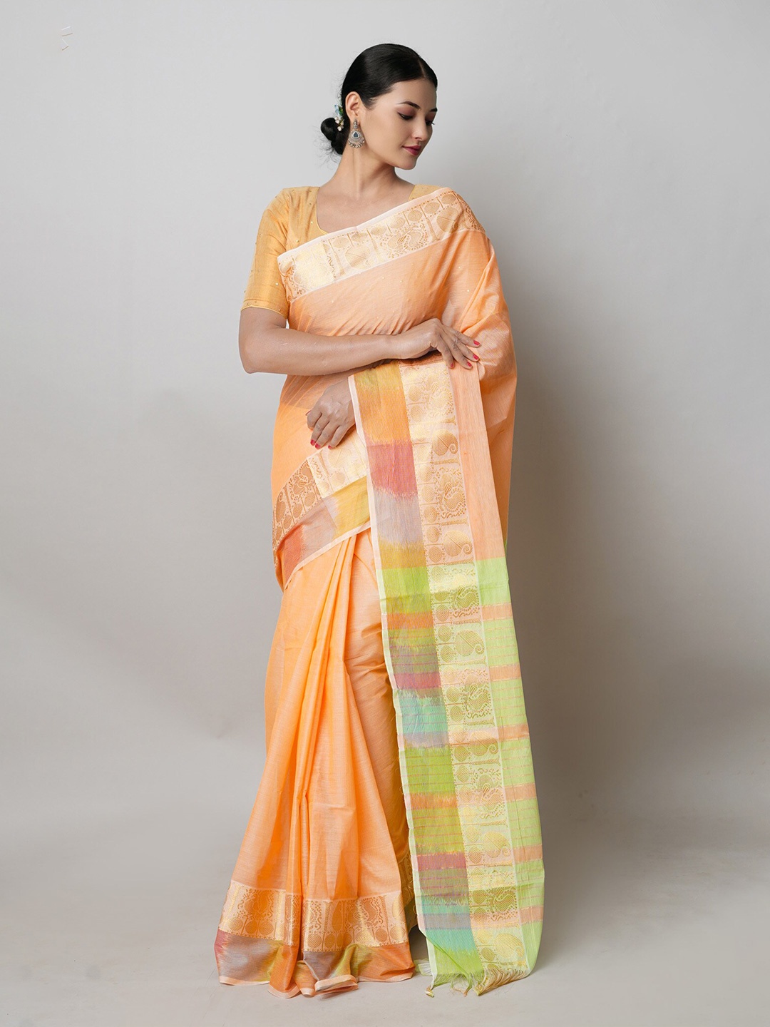 

Unnati Silks Ethnic Motifs Woven Design Pure Cotton Handloom Narayan Peth Saree, Orange