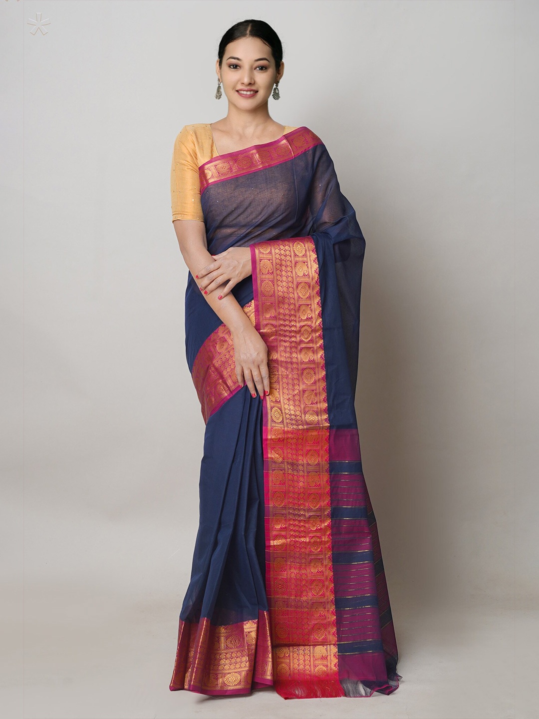 

Unnati Silks Ethnic Motifs Woven Design Pure Cotton Narayan Peth Saree, Navy blue