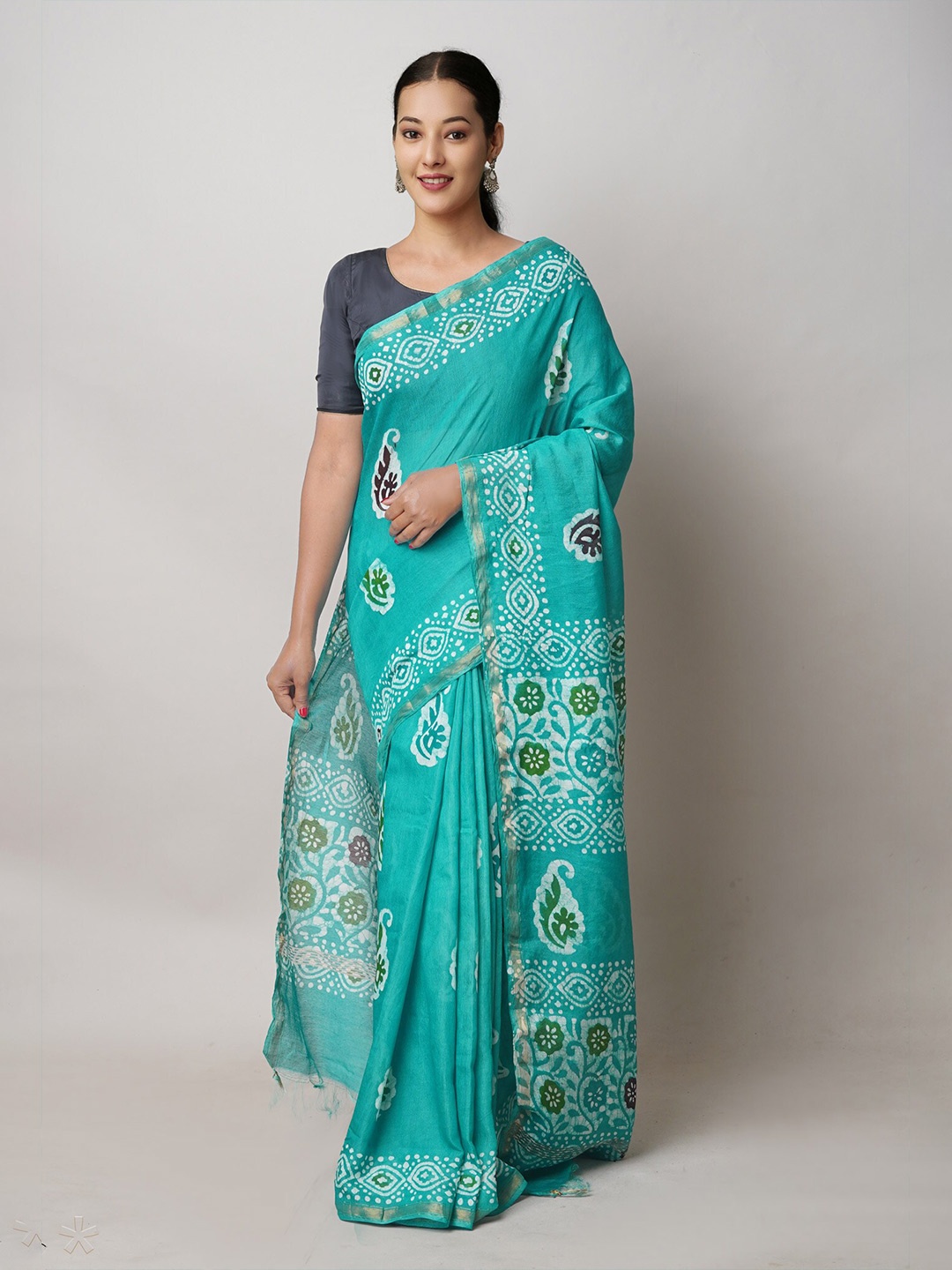 

Unnati Silks Ethnic Motifs Printed Silk Cotton Chanderi Saree, Green
