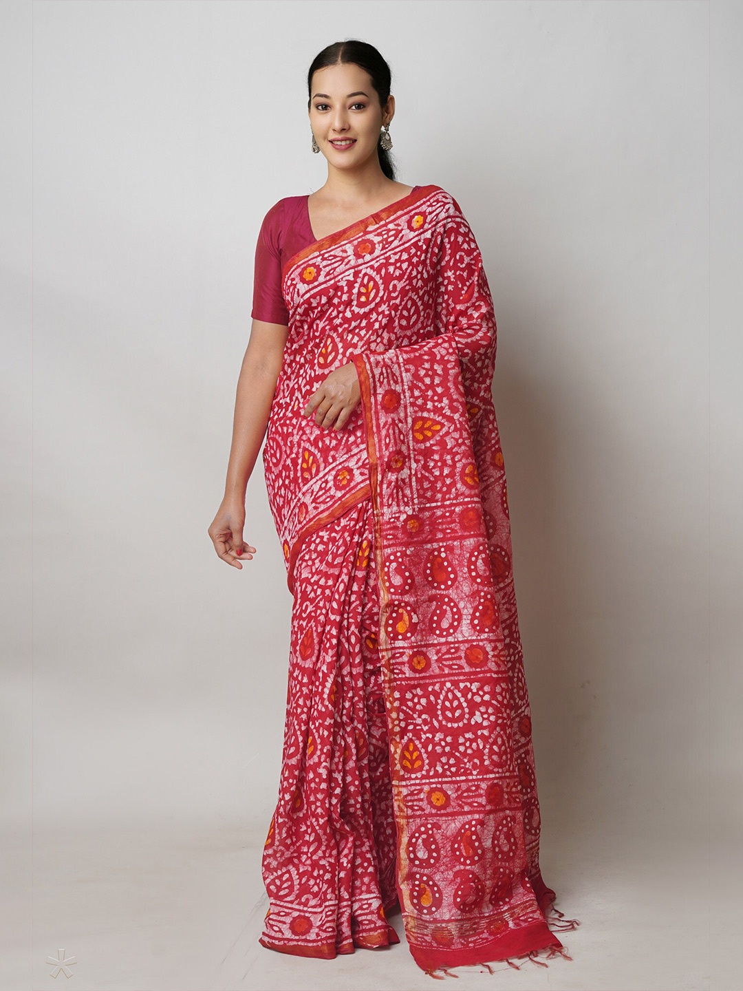 

Unnati Silks Batik printed Silk Cotton Chanderi Saree, Red
