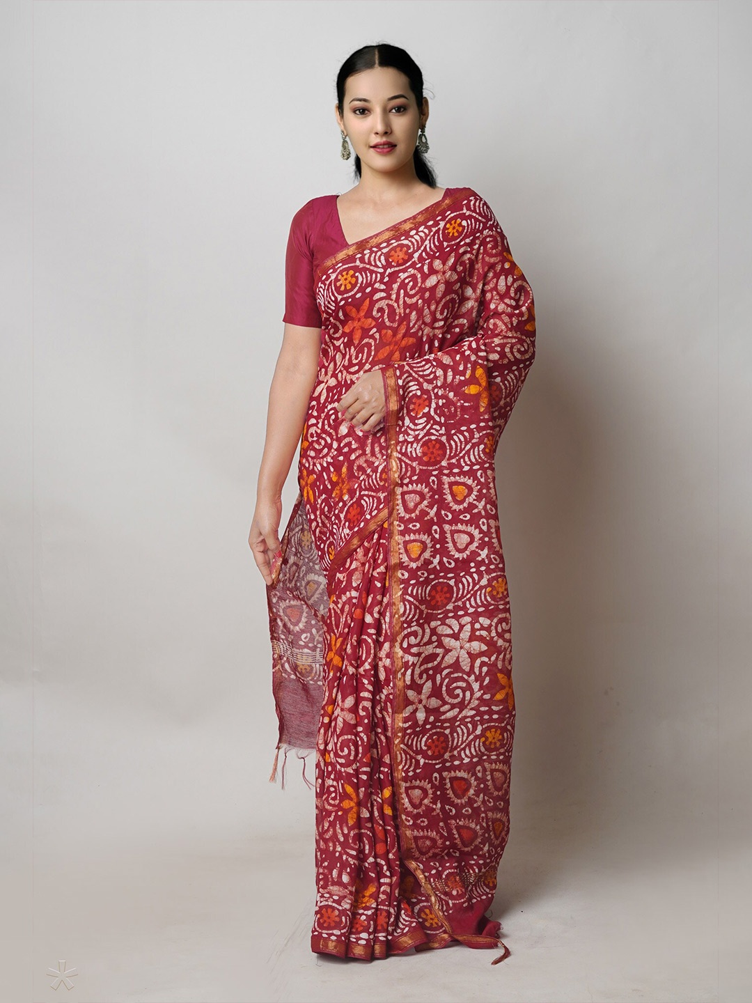 

Unnati Silks Batik Printed Zari Chanderi Saree, Red