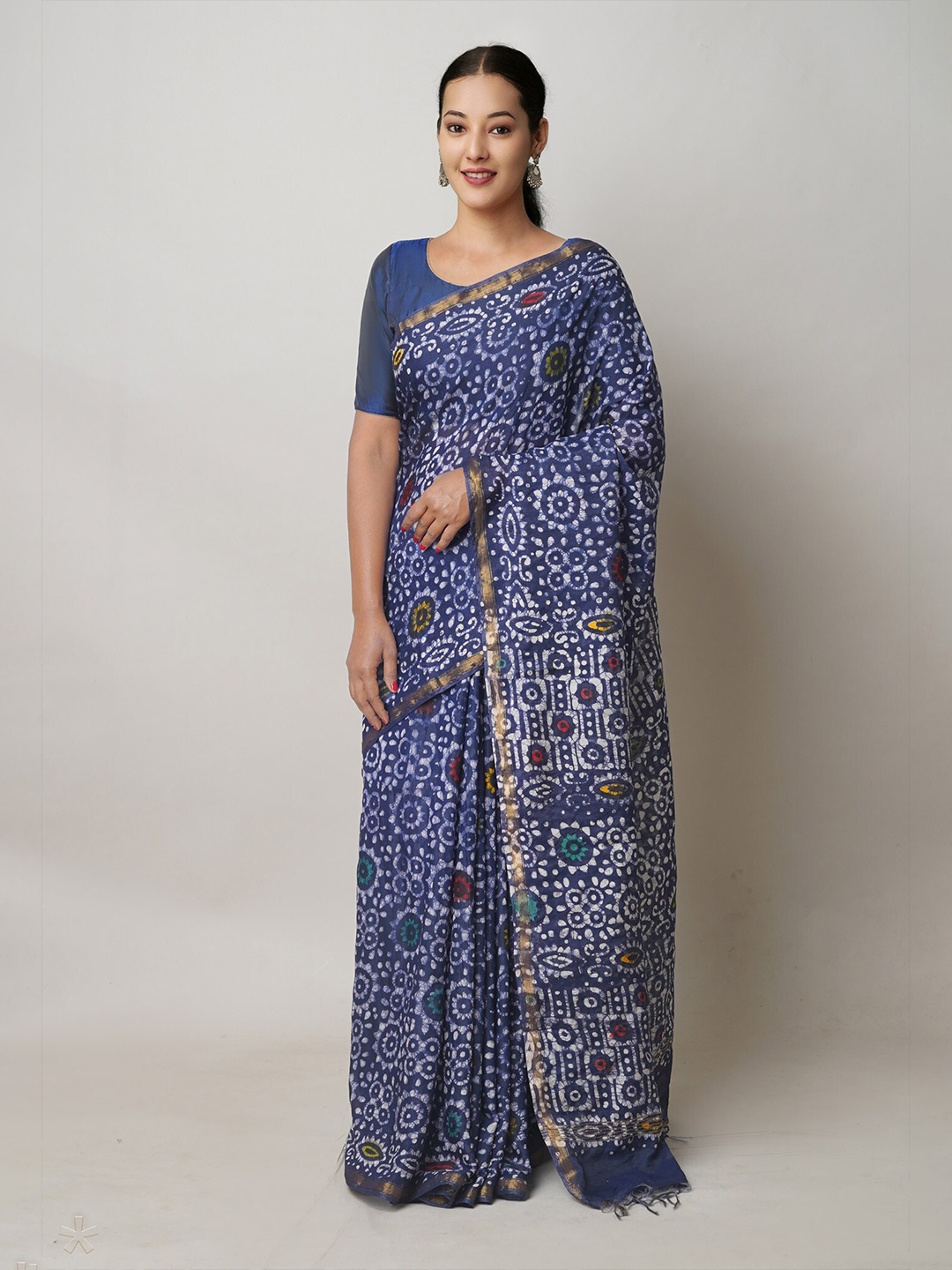 

Unnati Silks Ethnic Motifs Printed Zari Silk Cotton Chanderi Saree, Navy blue