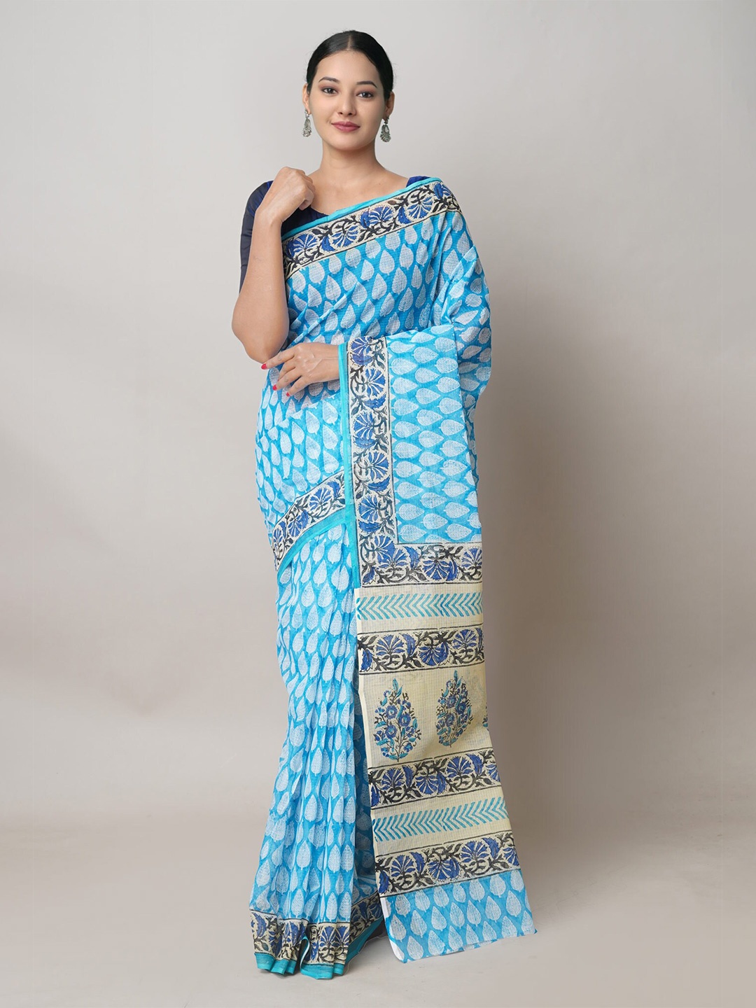 

Unnati Silks Ethnic Motifs Printed Pure Cotton Handloom Kota Saree, Blue