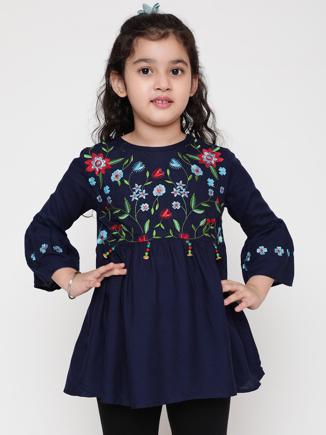 

BAESD Floral Embroidered Bell Sleeves Top, Navy blue