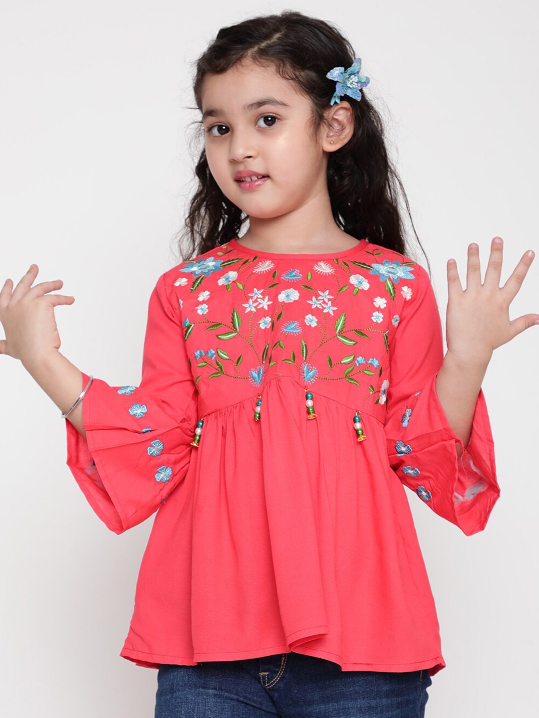 

BAESD Girls Floral Embroidered Bell Sleeves Peplum Top, Red