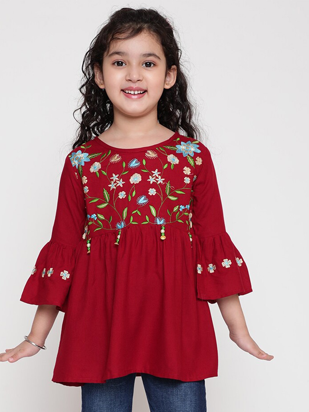 

BAESD Girls Floral Embroidered Pleated Bell Sleeves Top, Maroon