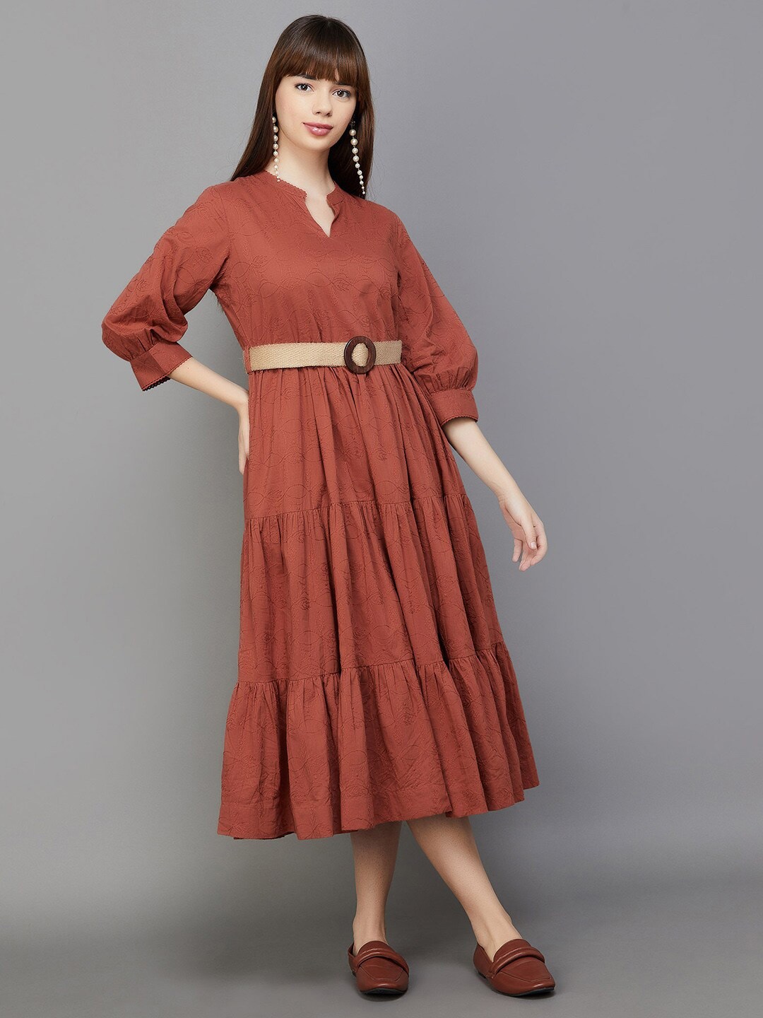 

Colour Me by Melange Floral Embroidered Gathered Detailed Cotton Fit & Flare Midi Dress, Rust