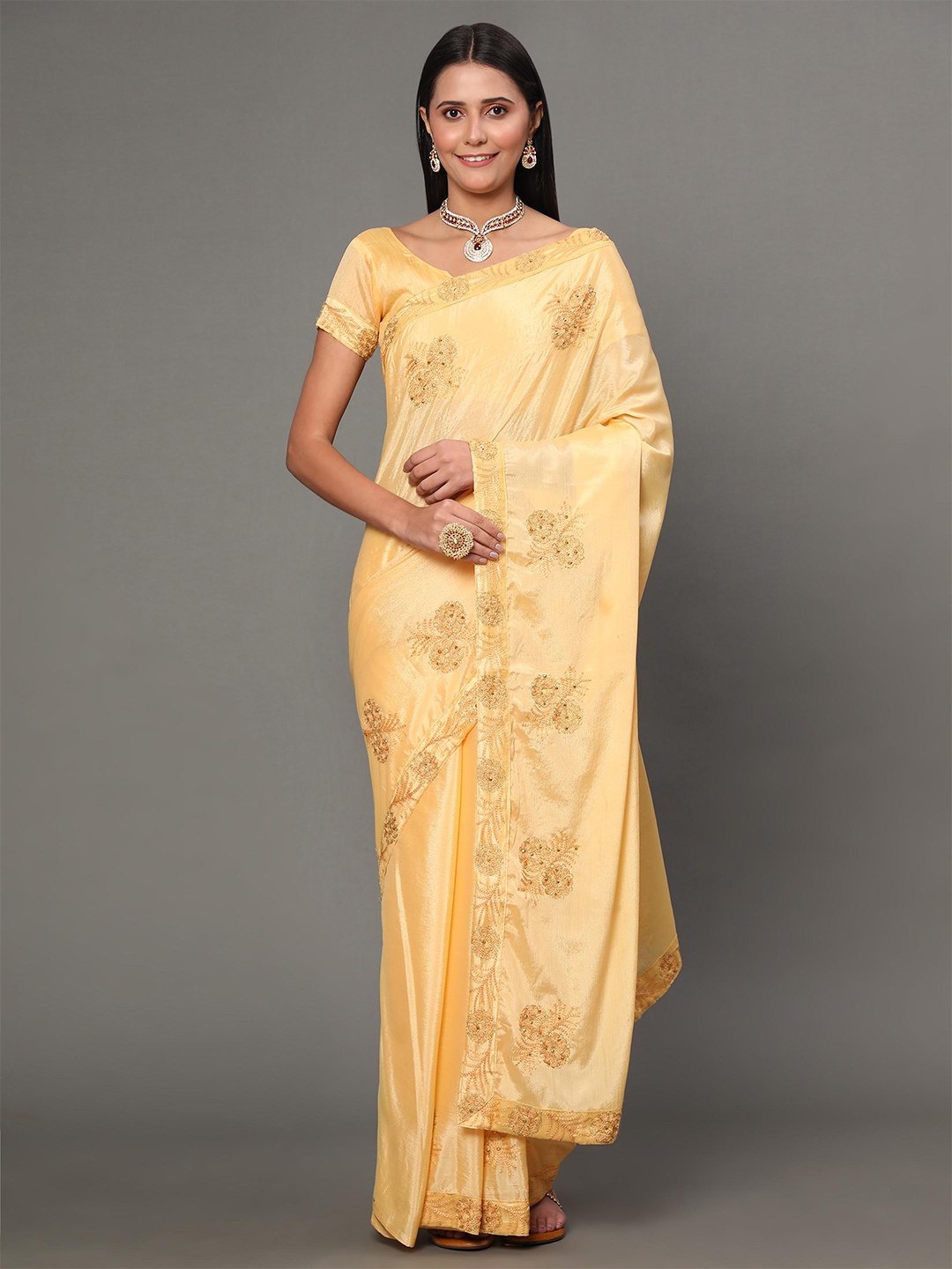 

GoStyle Ethnic Motifs Embroidered Saree, Yellow