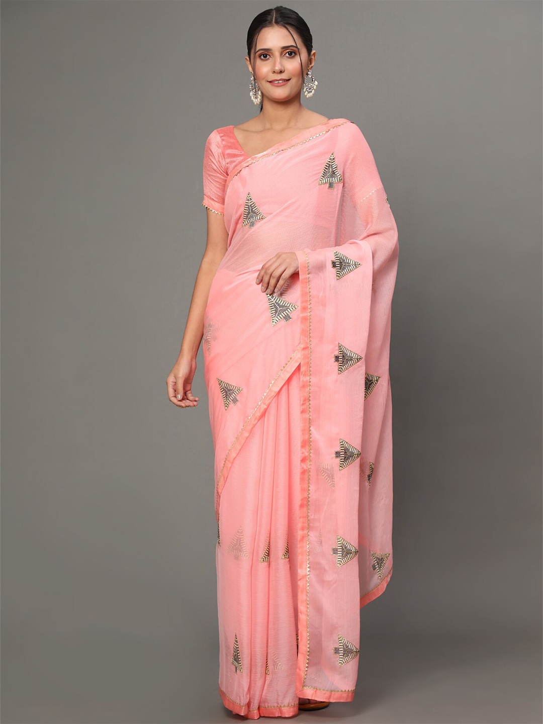 

GoStyle Ethnic Motifs Embroidered Mysore Silk Saree, Peach