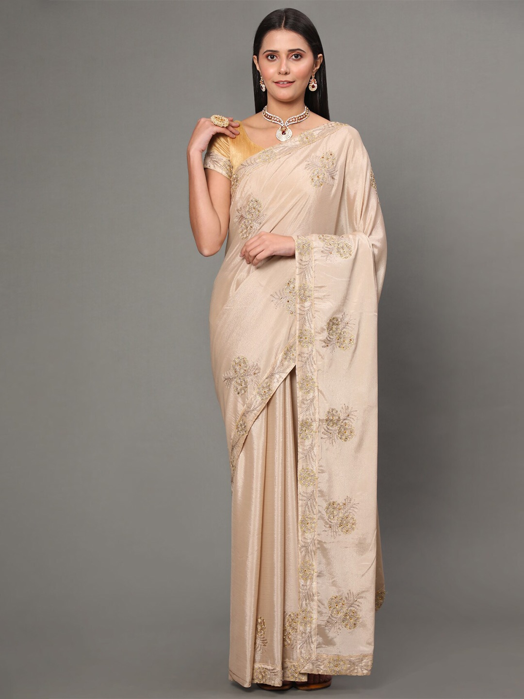 

GoStyle Ethnic Motifs Embroidered Mysore Silk Saree, Beige