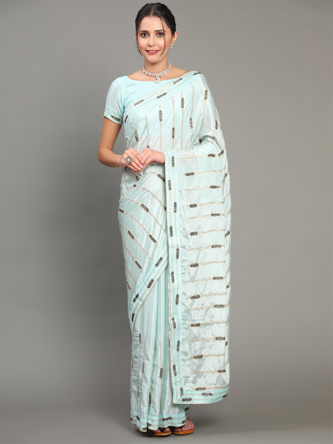 

GoStyle Embellished Mysore Silk Saree, Turquoise blue