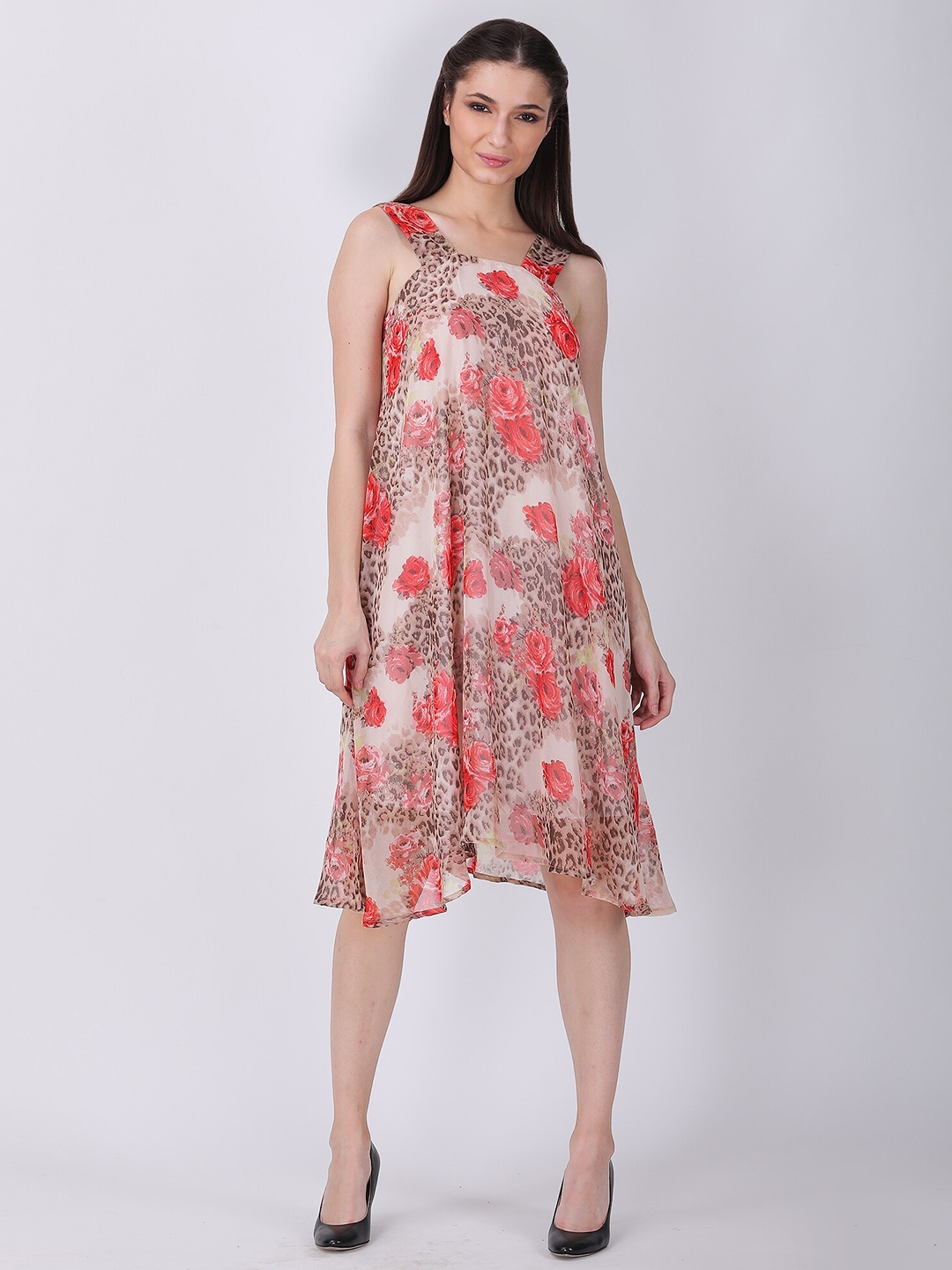 

TSM Floral Printed A-Line Midi Dress, Beige