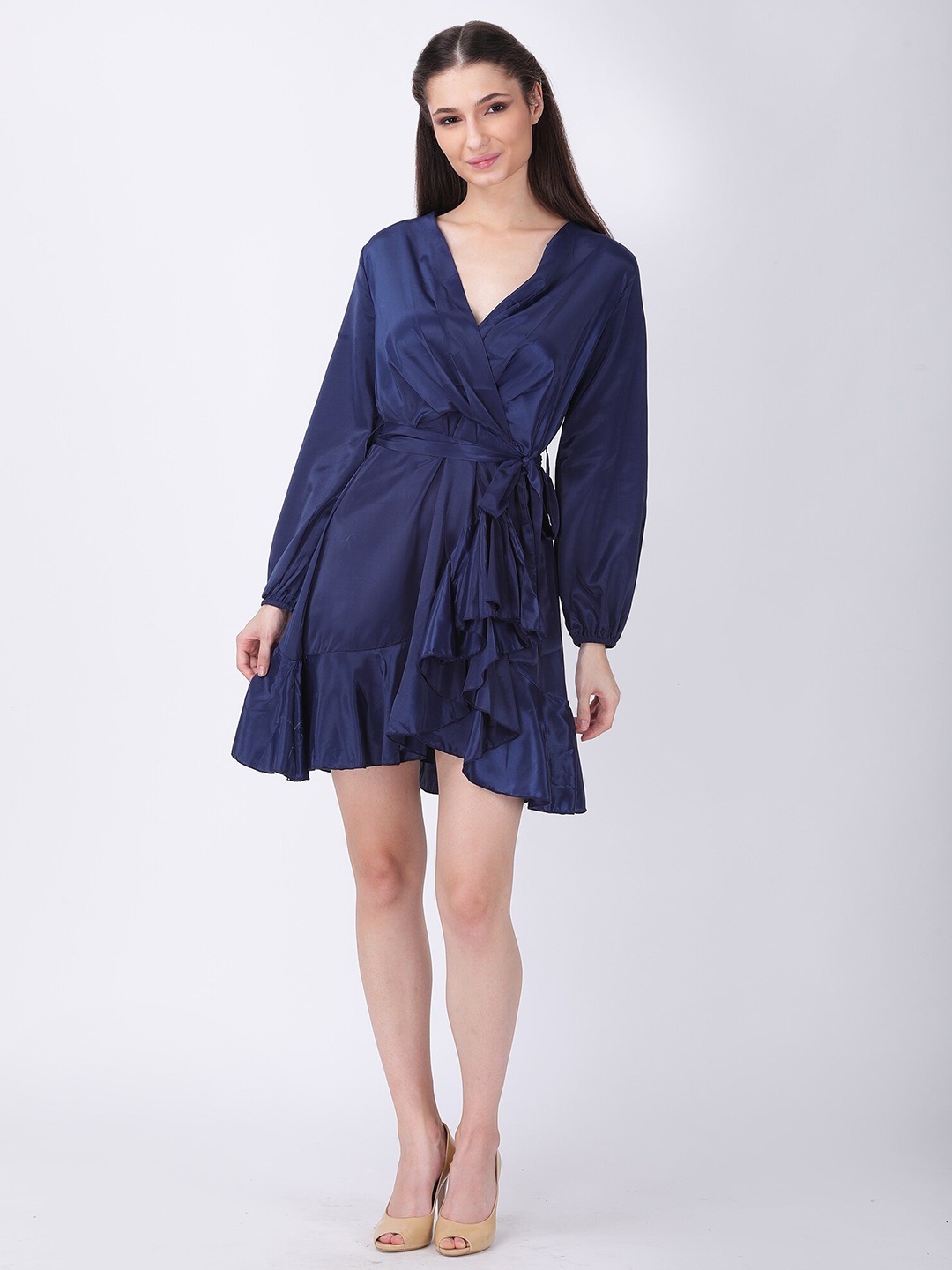 

TSM Puff Sleeves Tie Up Silk Wrap Dress, Navy blue