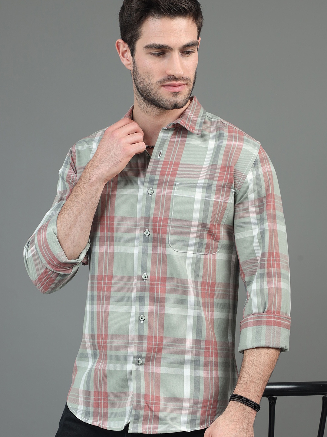 

HERE&NOW Green & Rust Slim Fit Tartan Checks Casual Shirt