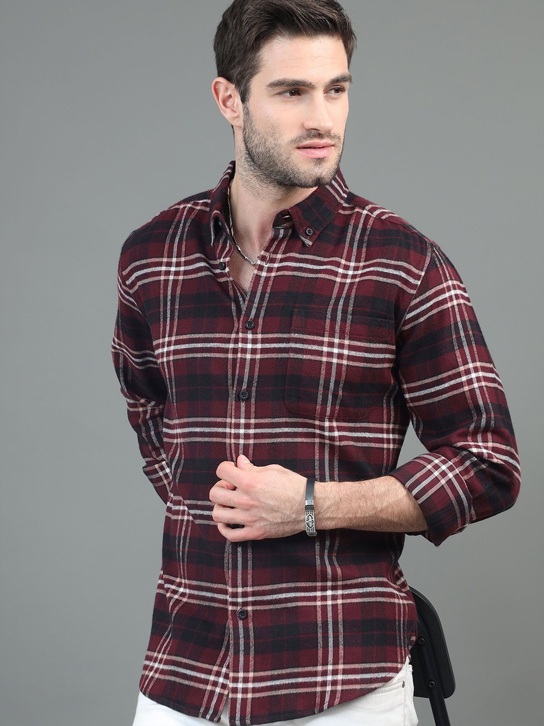 

HERE&NOW Maroon Slim Fit Tartan Checks Casual Shirt