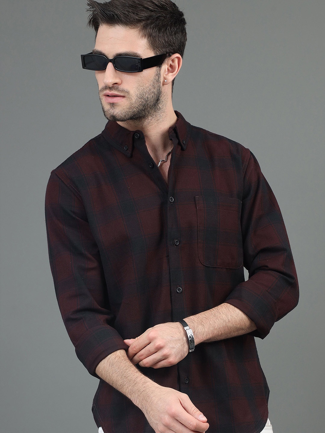 

HERE&NOW Maroon Slim Fit Tartan Checks Button-Down Collar Casual Shirt