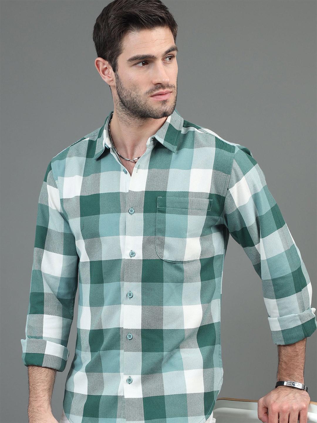 

HERE&NOW Green Slim Fit Buffalo Checks Casual Shirt