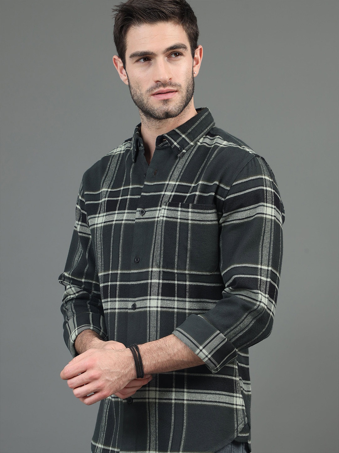 

HERE&NOW Slim Fit Tartan Checks Button-Down Collar Casual Shirt, Charcoal