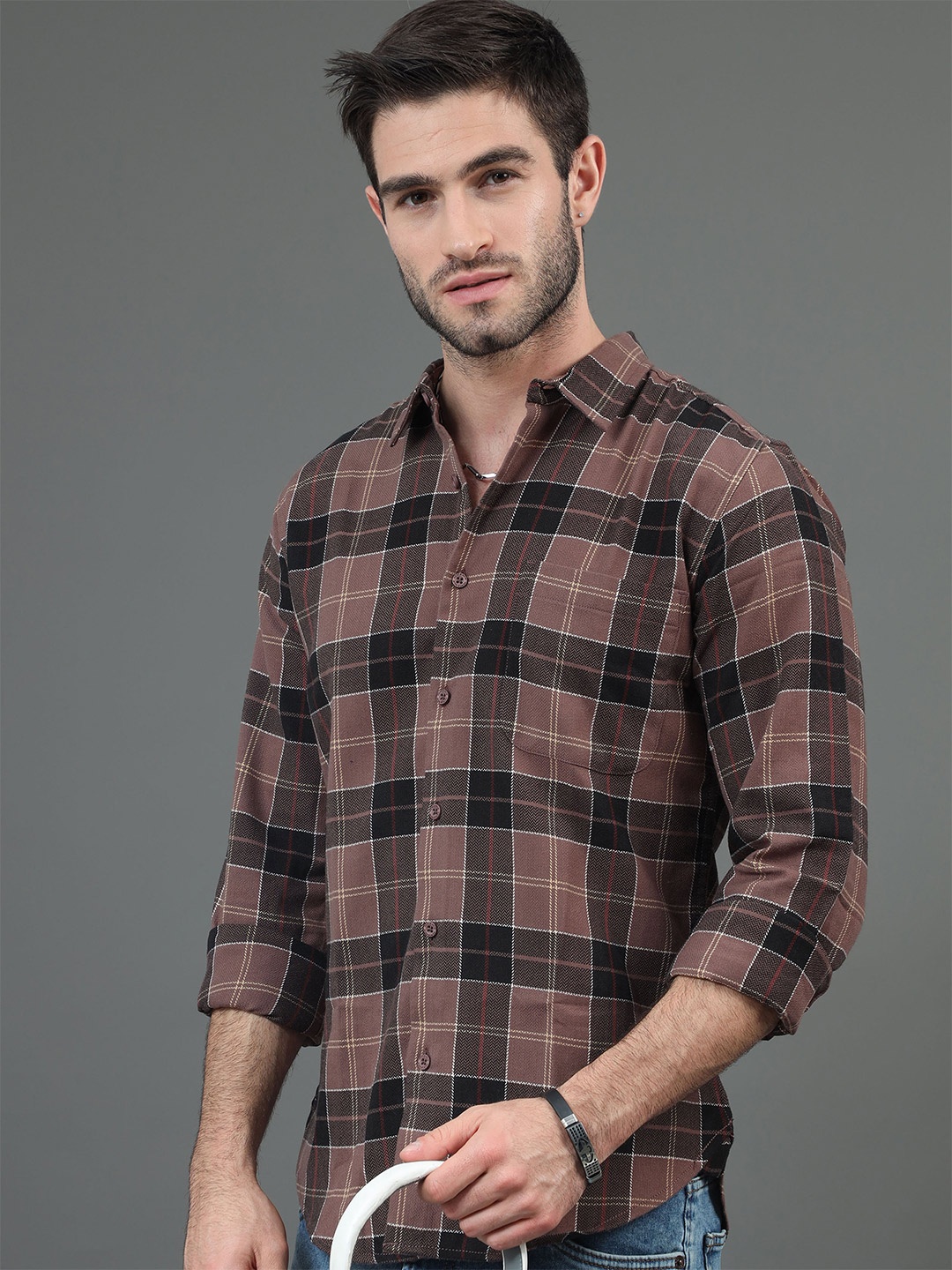 

HERE&NOW Brown Slim Fit Tartan Checks Cotton Casual Shirt