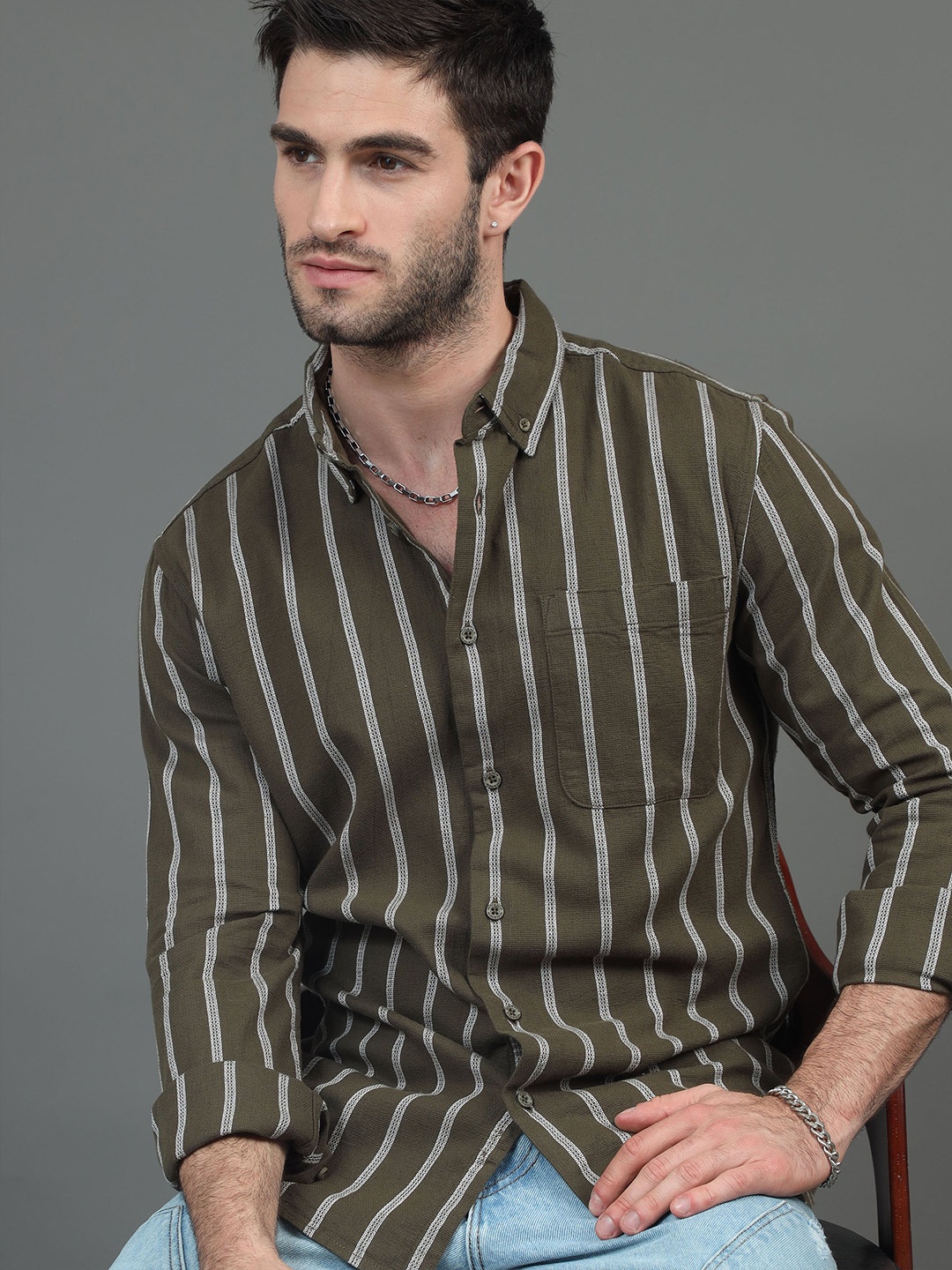 

HERE&NOW Olive Green Slim Fit Vertical Stripes Button-Down Collar Cotton Casual Shirt