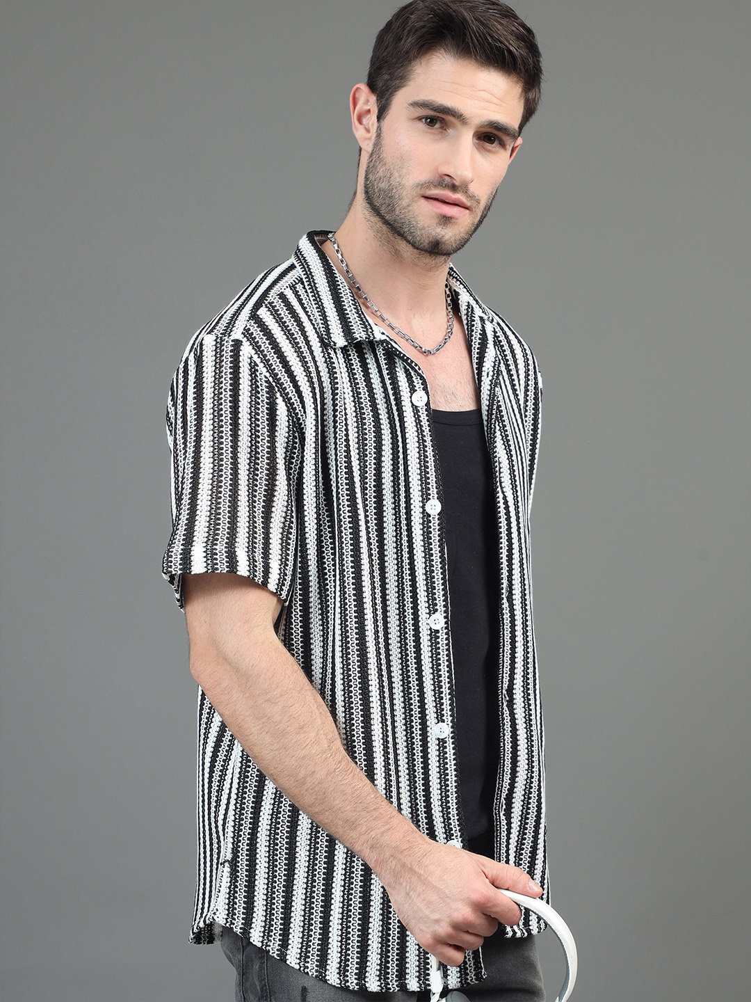 

HERE&NOW Vertical Striped Slim Fit Casual Shirt, Black