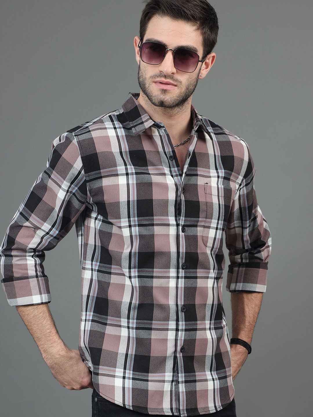 

HERE&NOW Tartan Checked Slim Fit Casual Shirt, Black